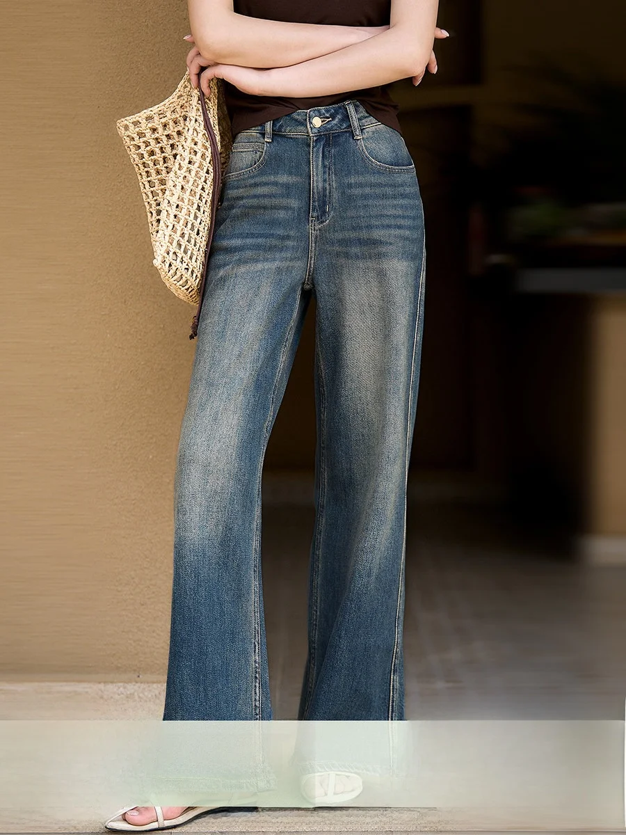 Xhange Vintage Denim Wide Leg Jeans Women's Casual High Waist Straight Cut Spring Fashion Skinnifying Long Legging Pants