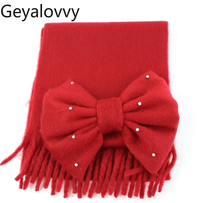 

Толстый красный шарф из пряжи-петли, приятный для кожи, милые милые теплые шарфы для шеи для девочек, зимние теплые универсальные шарфы с бантом и бриллиантами
