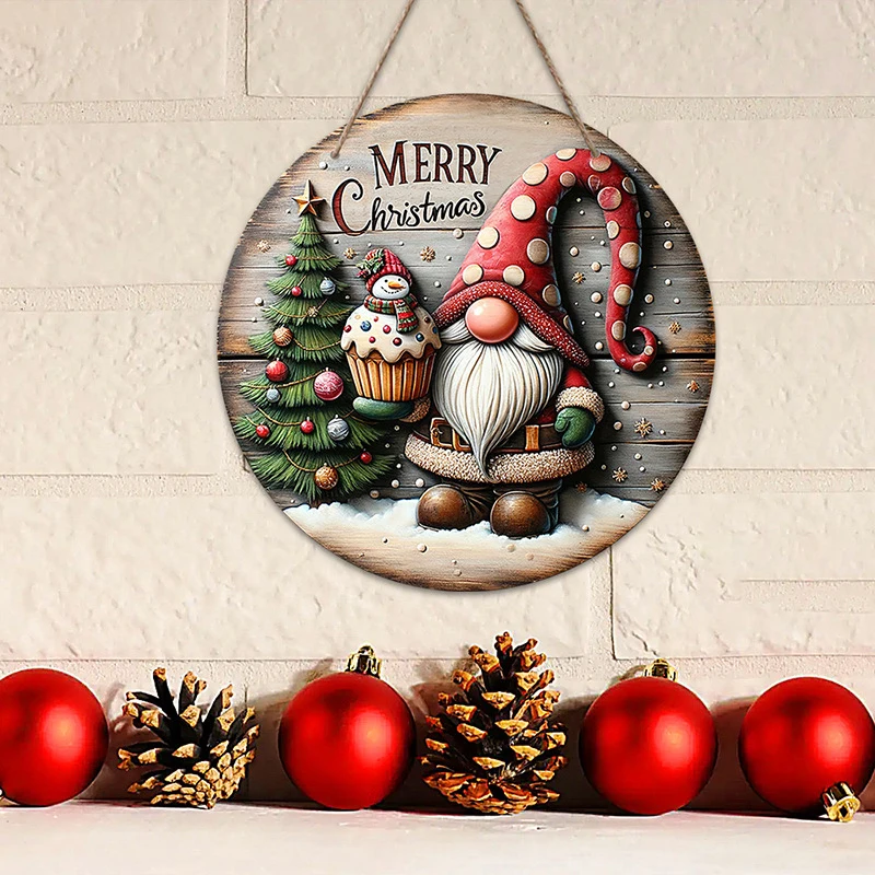 2D Round Wooden Christmas Sign Santa Claus Snowman Tree Pattern Ornaments DIY Xmas Party Home Garden Decorations Gift