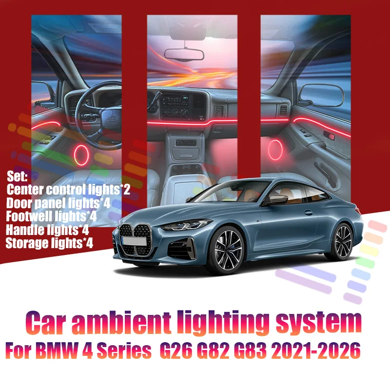 

Для BMW 4 серии G26 G82 G83 2021-2026: Светодиодные атмосферные лампы, цветная подсветка салона, неоновая лента, 64 RGB-цвета