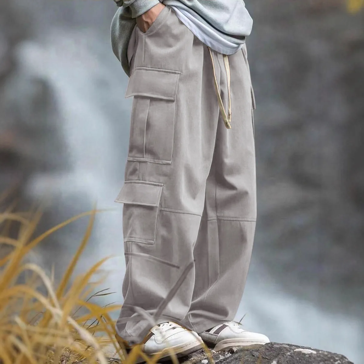 Herren-Cargohose mit geradem Bein, gespleißtes Design, mehrere Taschen, funktionelle, lockere, lange Hose, Outdoor-Casual-Streetwear-Hose