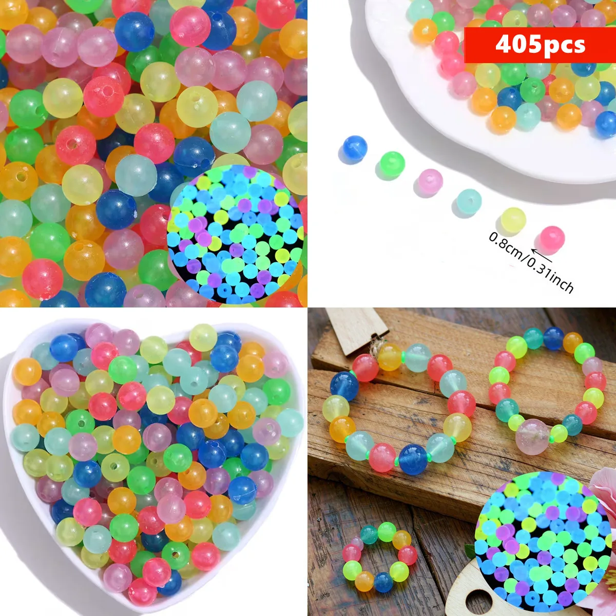 8mm 405 Stück Gemischte Leuchtende Runde Lose Abstandsperlen aus Acryl, die im Dunkeln leuchten und blinken, für DIY-Bastelarbeiten
