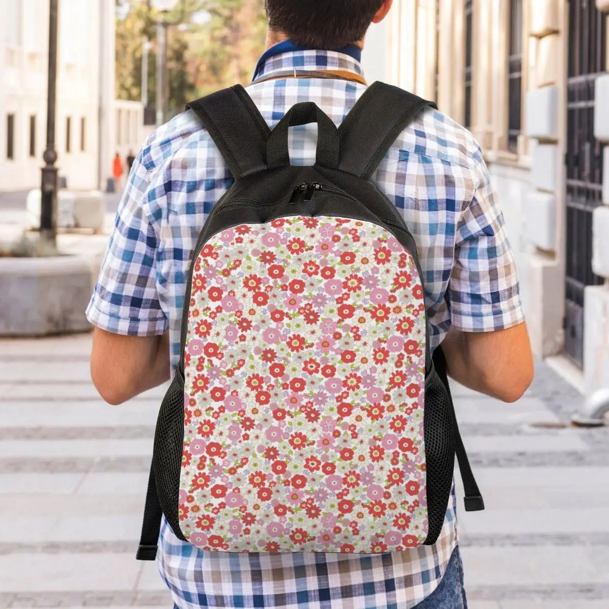 Mochila roja Floral personalizada para mujeres y hombres, bolsa de libros básica para escuela, bolsas universitarias