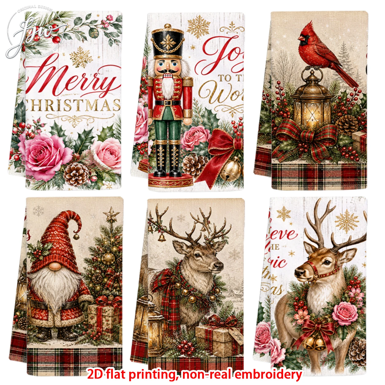 6pcs Christmas Vintage Dish Towels Nutcracker Elk Gnome Cardinal Holiday Kitchen Towels for Xmas Home Decor