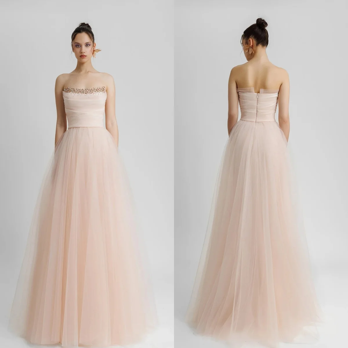 Blush Pink Tulle Prom Dresses Glitter Beads Crystals Girls Evening Dresses Charming Floor Length Sleeveless Graduation Gowns