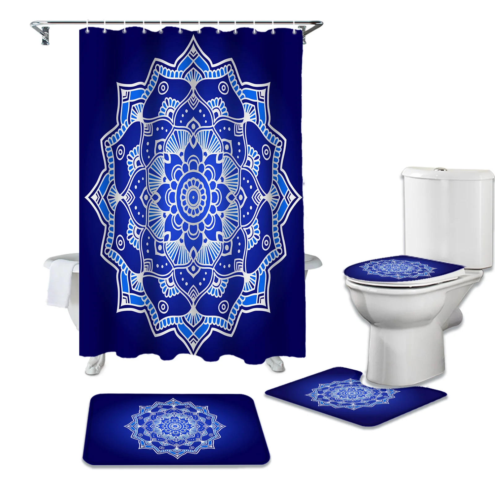 Mandala Gradient Texture Flower Shower Curtain Sets Non-Slip Rugs Toilet Lid Cover and Bath Mat Bathroom Curtains Set