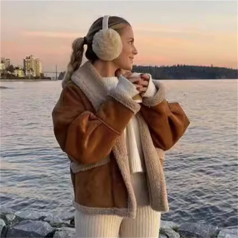 Autumn And Winter American Retro Woolen Warm Flip Coat With Loose Collar And Fur One-Piece Top For Women's Street Fashion