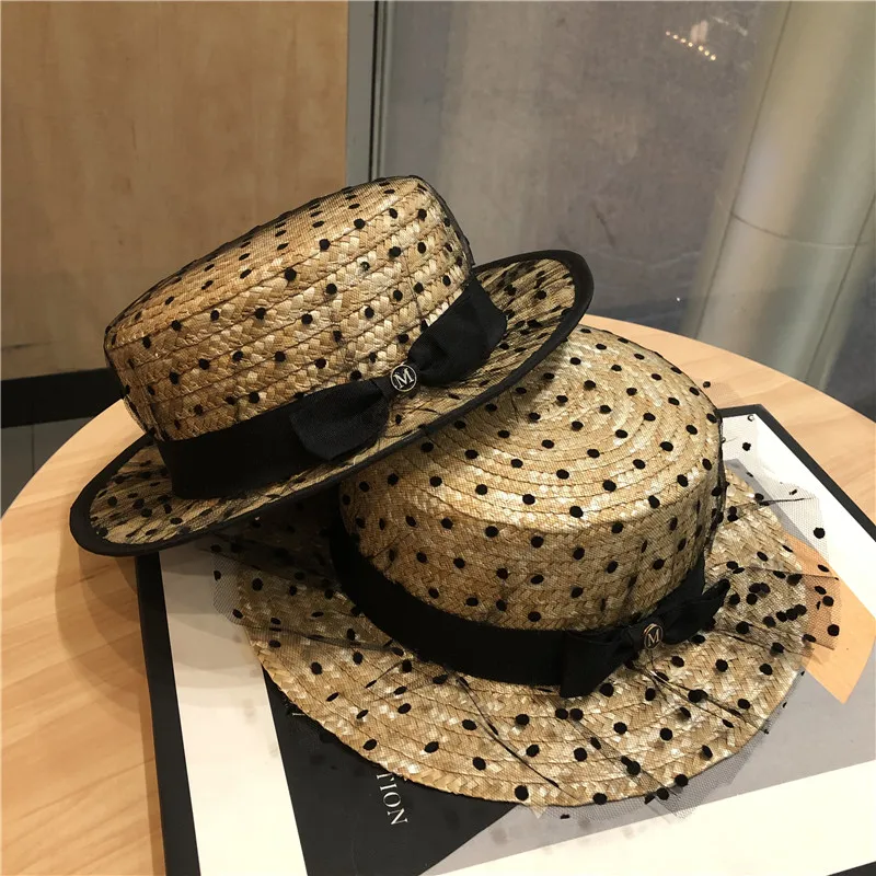 Designer Brand Temperament Wavy Dot Net Yarn Casual Straw Hat Women\'s Summer Outing Straw Straw Flat Top  Sun Caps for Women