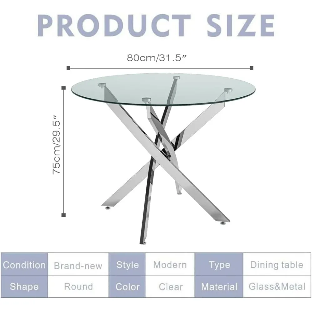 Glass Dining Table with Chromed Legs for Kitchen Dining, 31.5 Inch Modern Round Kitchen Table Dining Room Table