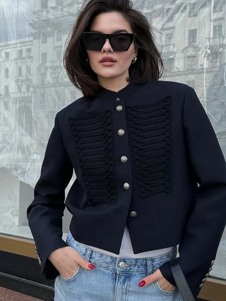 Retro Denim Napoleon Military Jacket Women Vintage Stand Collar