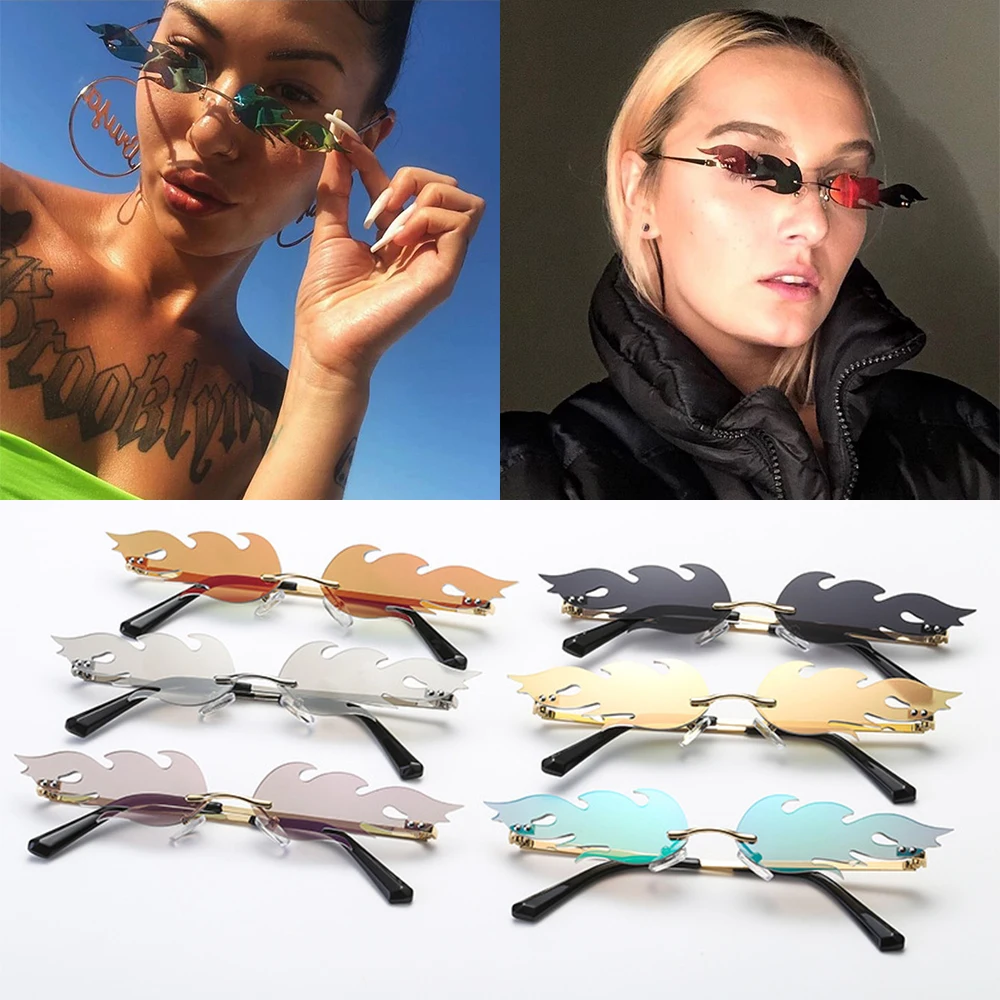 Streetwear Trending Narrow Sunglasses Wave Sun Glasses Fashion Sunglasses Rimless Fire Flame