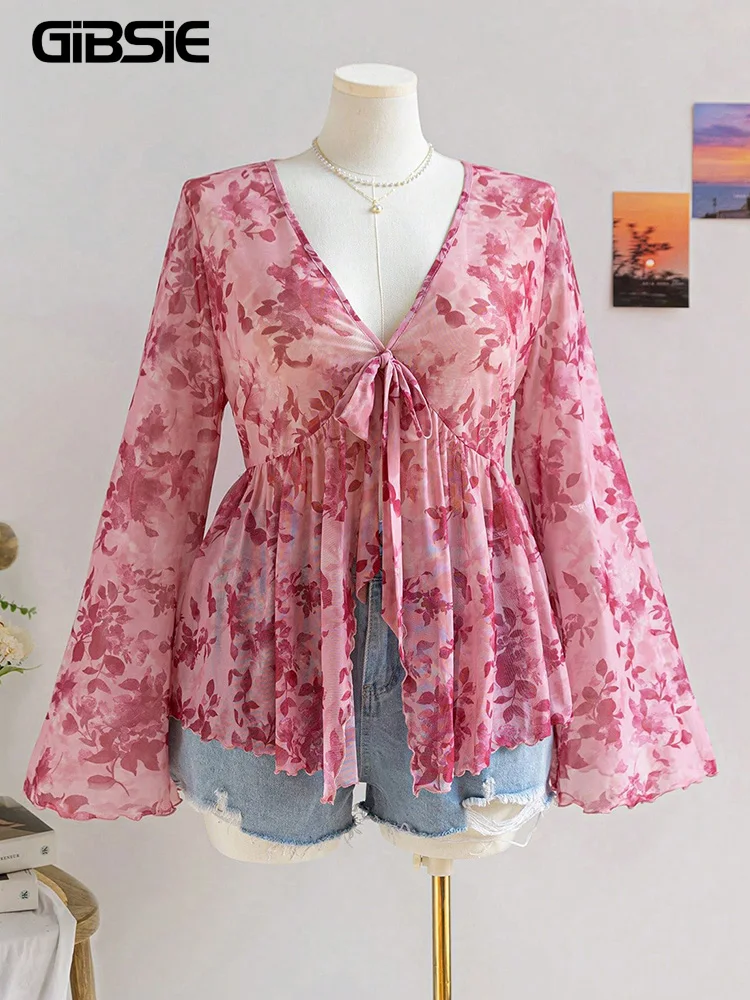GIBSIE grande taille imprimé doux col en v cravate devant haut en maille femmes 2025 automne vacances Style complet manches évasées Peplum Blouse chemise