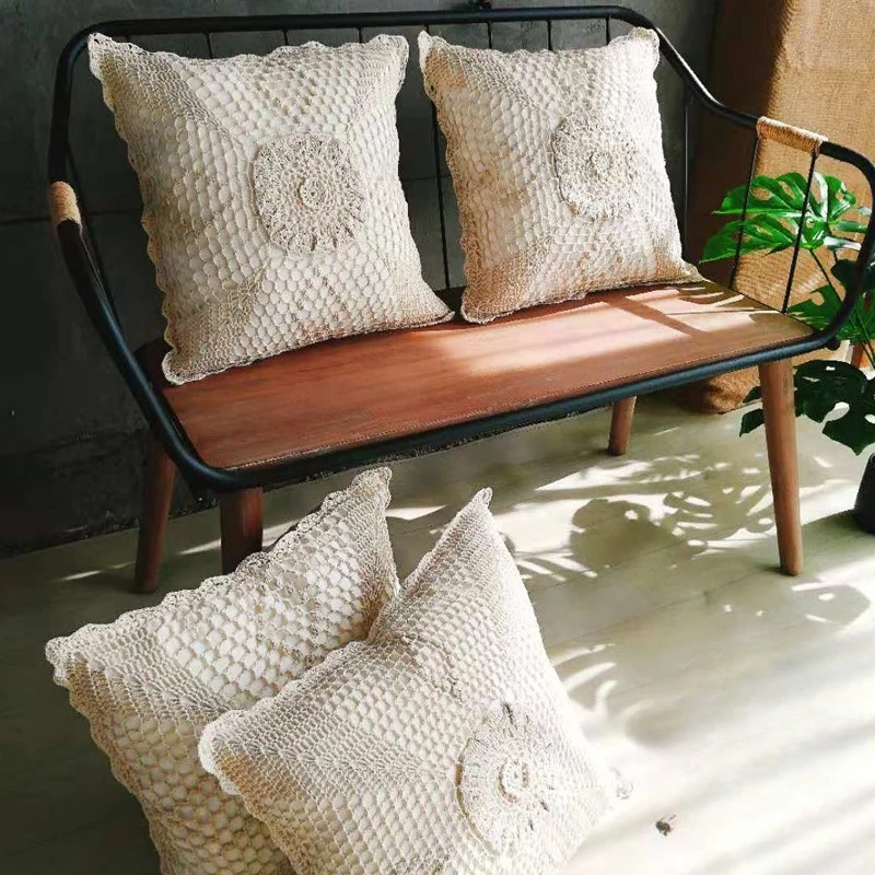 

Handmade Vintage Crochet Pillow Cover Beige Cotton Linen Woven Pillow Cover European Style Sofa Pillowslip Home Decor