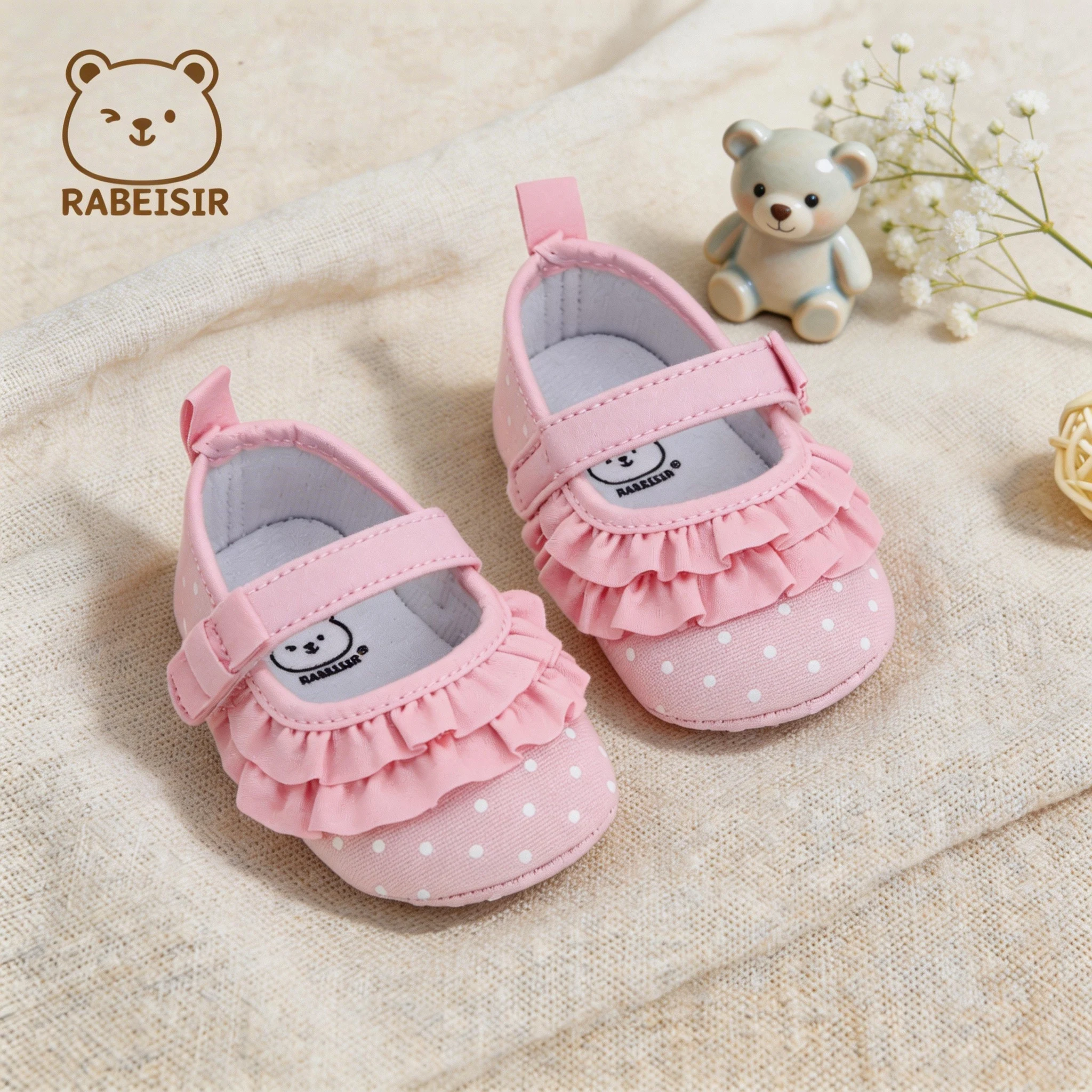 Baby Girls Mary Jane Princess Shoes 0-18M Pink Polka Dot Ruffle Double Layer Hook&Loop Soft Sole Infant Crib Shoes