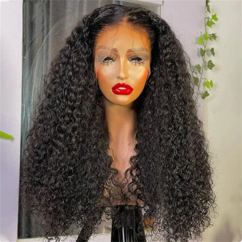 Natural Black Soft 180Density 26Inch Long Kinky Curly Lace Front Wig For Women BabyHair Heat Resistant Glueless Preplucked Daily