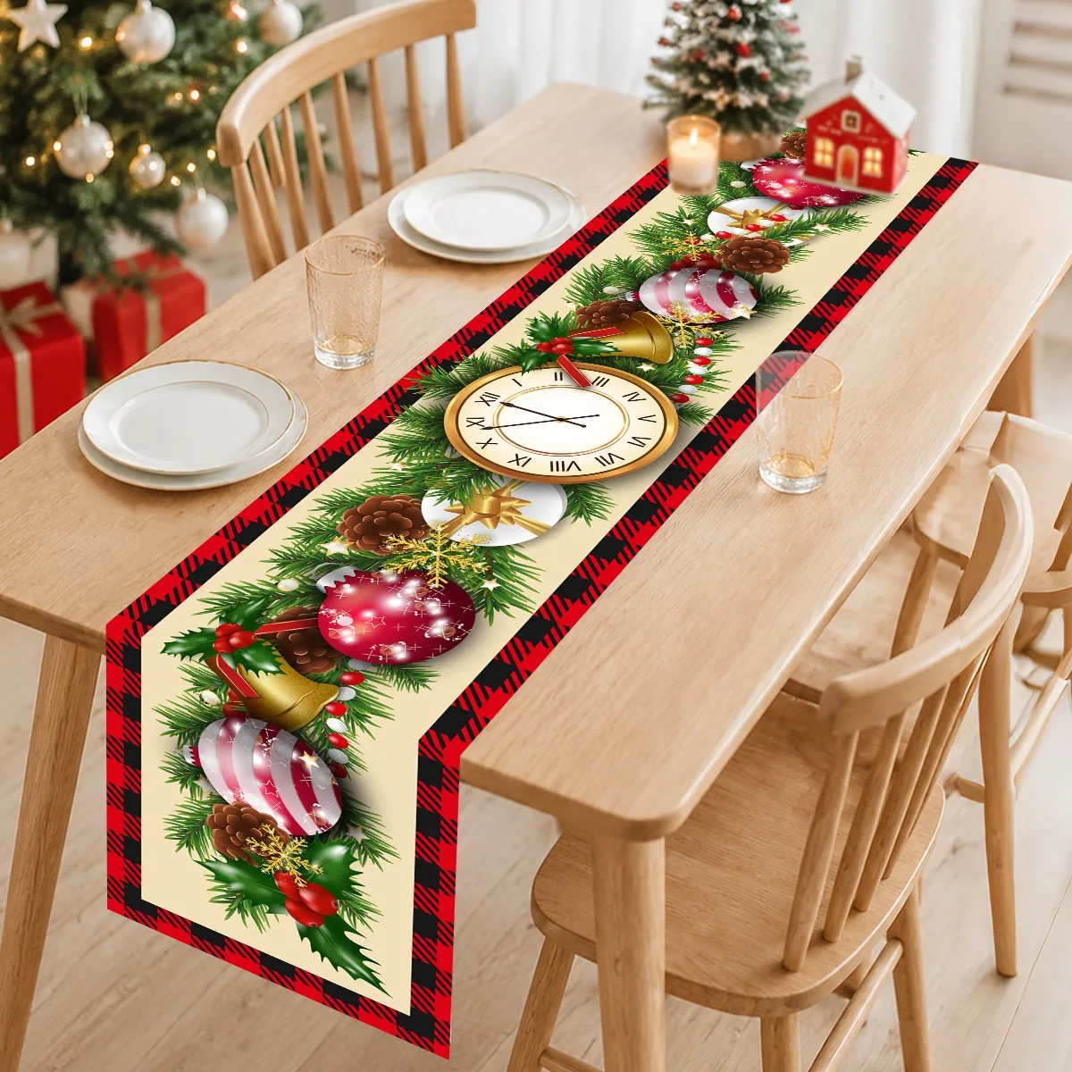 Retro Christmas Clock Table Runner Xmas Bell Pine Cone Patterns Polyester Table Flag for Festive Winter Holiday Party Decor