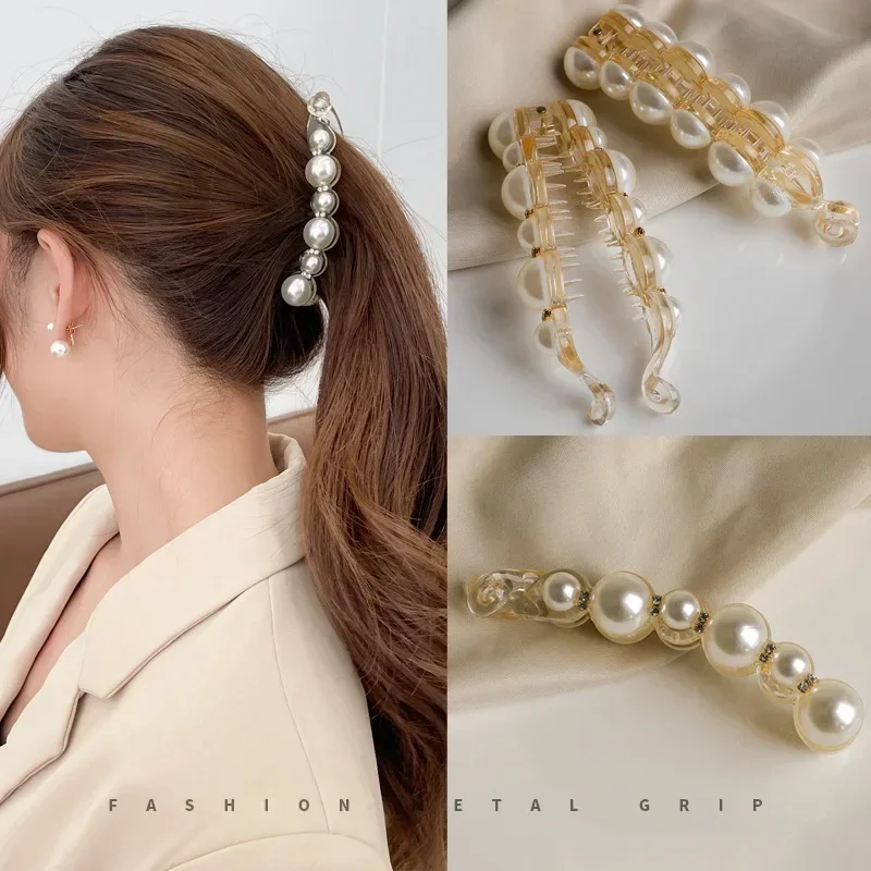 Elegant Pearl Banana Clip Ins Fashion Banana Clip Vertical Clip Twist Ponytail Holder Hairpin Simple Headdress Hair Accessories