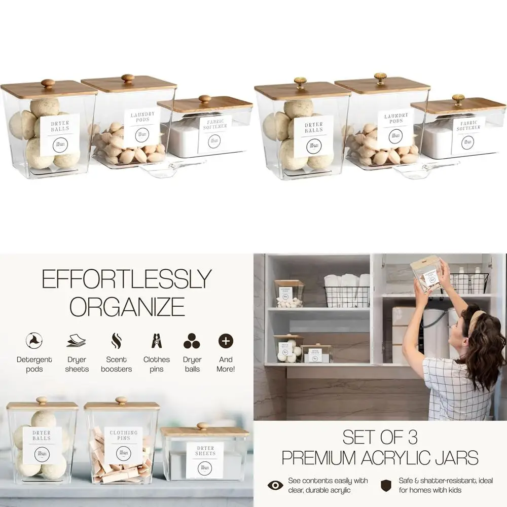 

Acrylic Laundry Room Storage Containers with Gold & Wood Knobs - Detergent and Pod Organizer Set | Clear Jars | Scoops & Labels