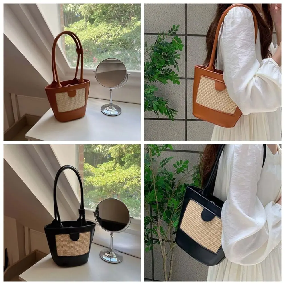 Retro pu tecido balde saco respirável grande capacidade feminina balde bolsa de poliéster anti-respingo água palha bolsa de ombro diariamente