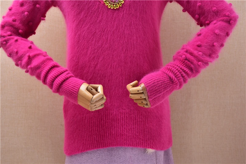 Women Mujer Vintage Beading Crochet Angora Rabbit Hair Knitted O-Neck Long Sleeves Slim Blouses Pullover Sweater Jumper Pull Top - view 5