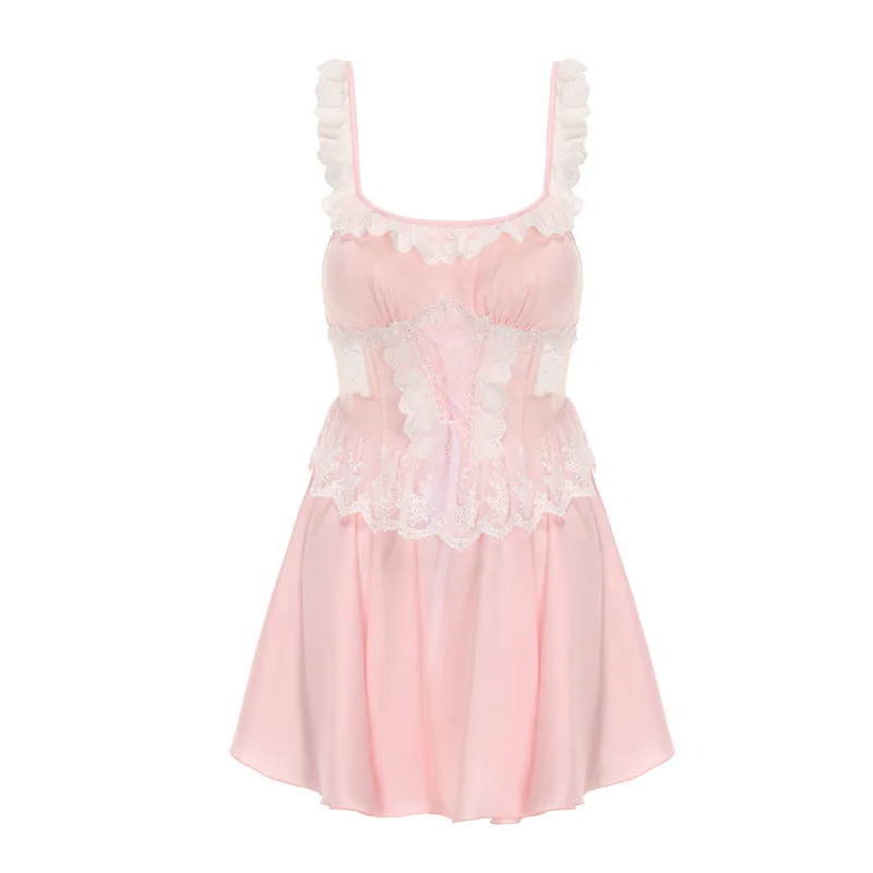 Sweet & Seductive Ice Silk Nightgown for Women Plus Size Sleepwear Square Neckline with Built-in Bra Padded Nightdress