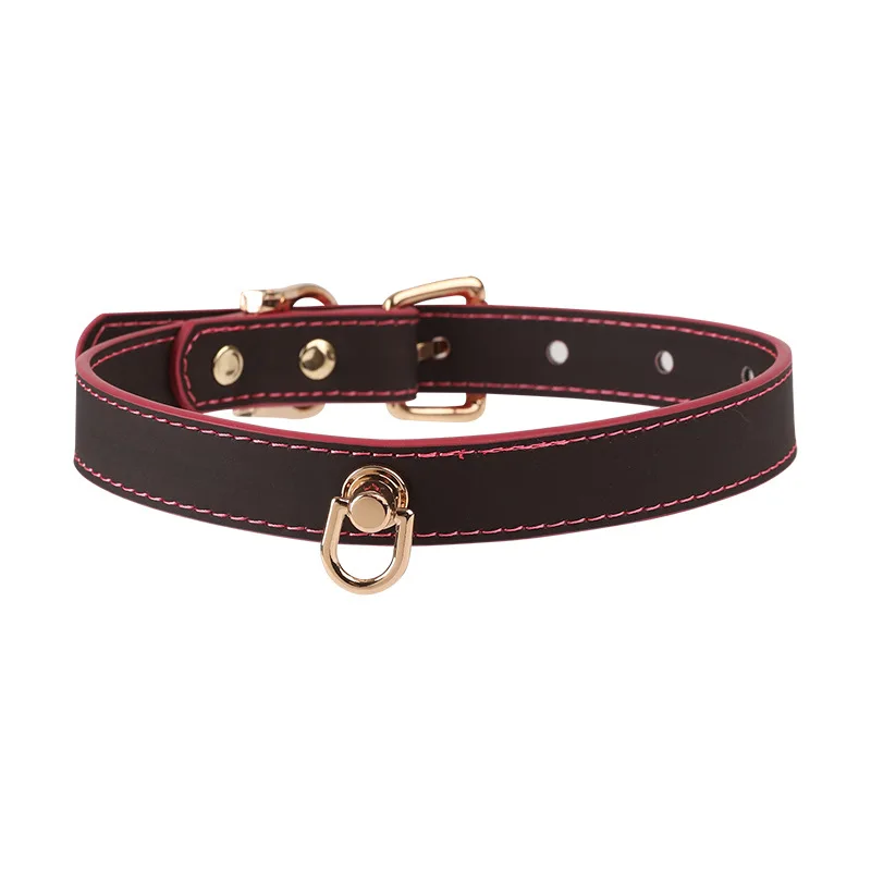 

Gothic Punk Temperature Color Changing Choker Necklace, Black Faux Leather Collar with Pink Stitching & Gold D-Ring Adult Games