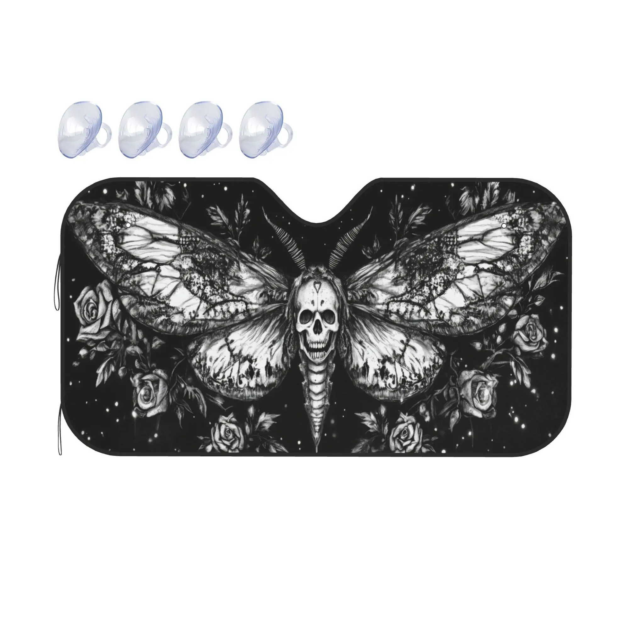 1pc 2D FLAT PRINTING Foldable Sunshade Featuring A Moth Skull Design With Roses And Celestial Elements, Designed To Block UV Ray