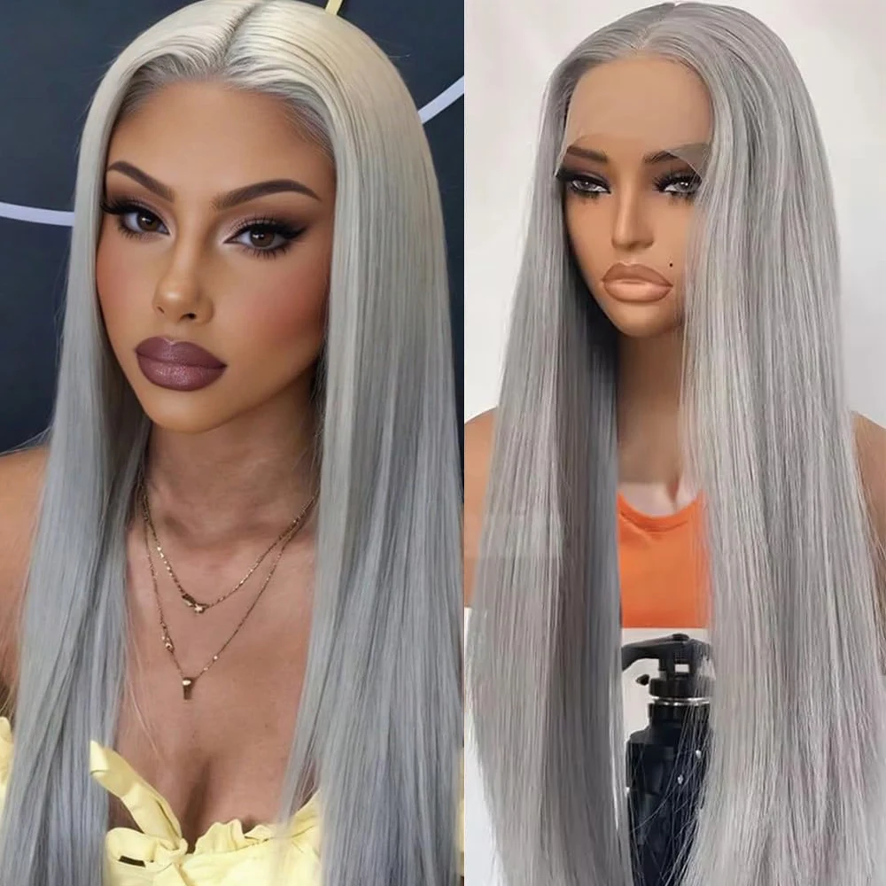 

Синтетический парик Vippretty 13x6 без клея, прямой, с кружевной передней частью, предварительно сформированный, плотность 250, серебристо-серый, для женщин