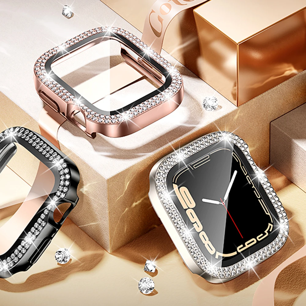 غطاء حافظة لساعة أبل سلسلة 11 10 9 7 SE 6 8 5 46 مللي متر 42 مللي متر 45 مللي متر 44 مللي متر 40 41 مللي متر الماس الوفير الزجاج المقسى واقي للشاشة