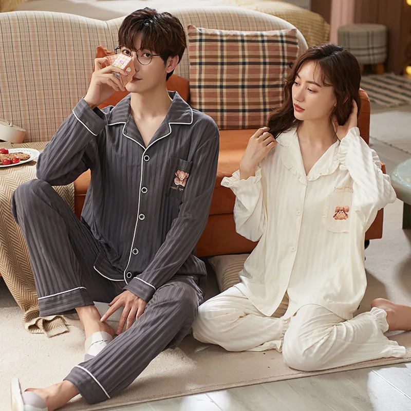 Autumn Cotton Women's Long Sleep Tops Pant Pajamas Set Man's Pijamas Suit Sleepwear Fashion Cardigan Home Suit Couples Clothing