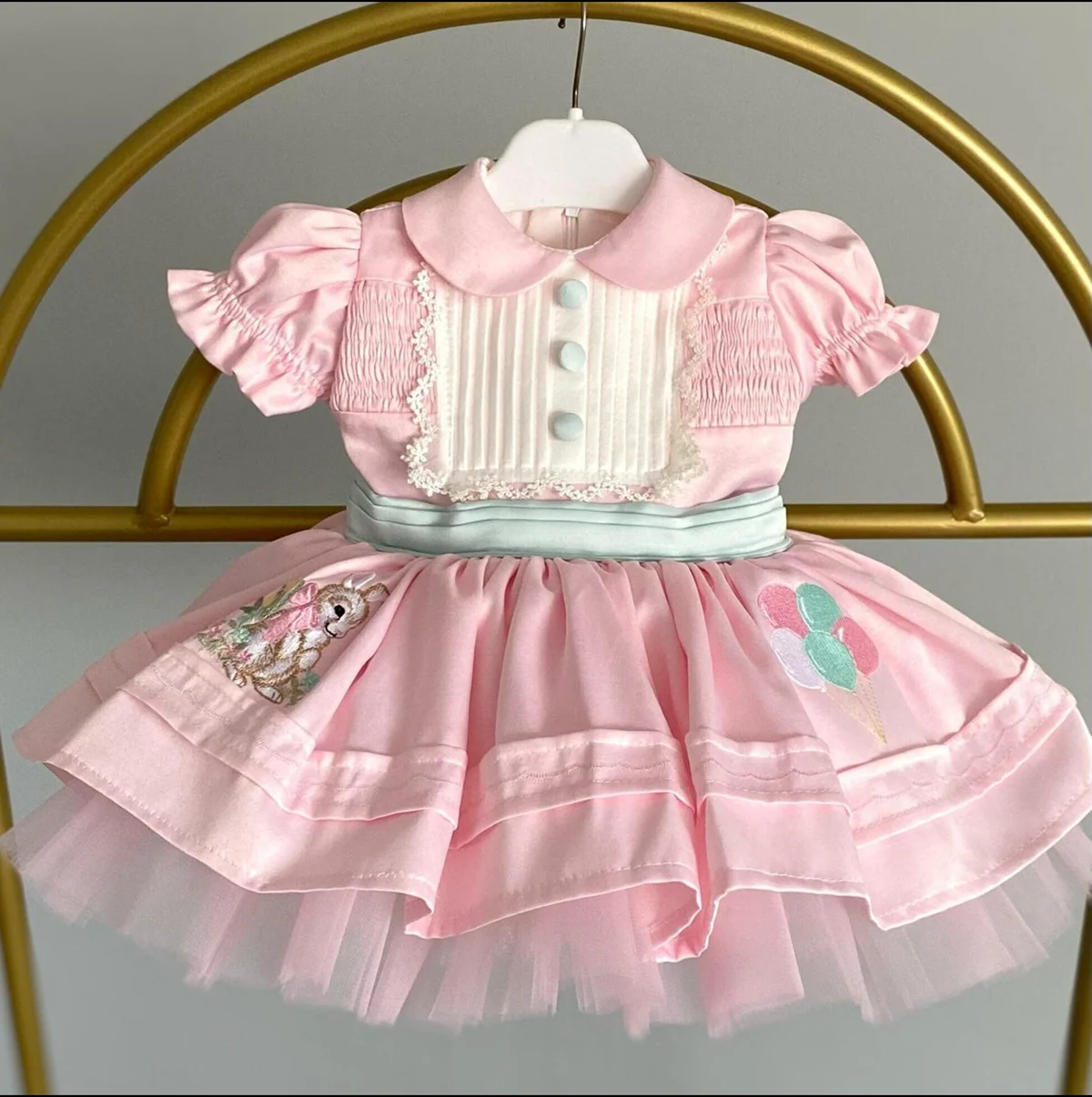 Summer Girl Sweet Rabbit Balloon Embroidered Bow Smoked Pink Dress for Casual Party Birthday Wedding Photography B755