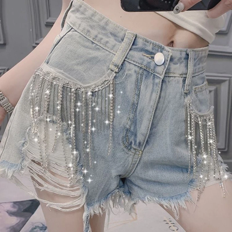 Summer Chic Tassel Rhinestone Ripped Shorts for Women Fashion Loose Women Trousers Pants New Casual Streetwear Denim Shorts Q839