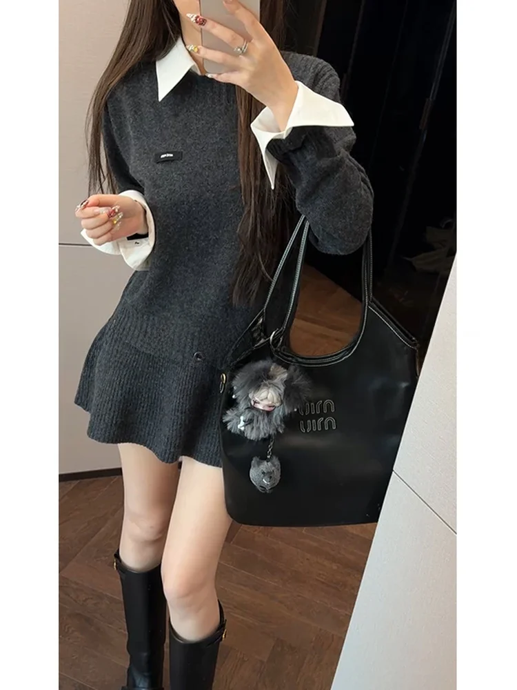 

Вязаное шерстяное платье Mimius с воротником-стойкой, облегающее, с эффектом двухслойности, из зимней коллекции