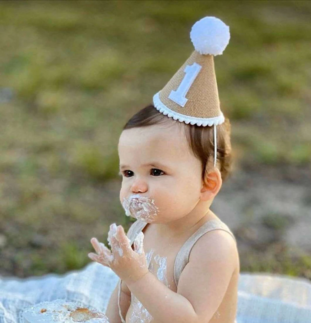 Pierwsze urodziny czapka korona jutowa Kids Boy Girl Newborn 1st 2rd 3th Birthday Party dekoracja Baby Shower lniana opaska