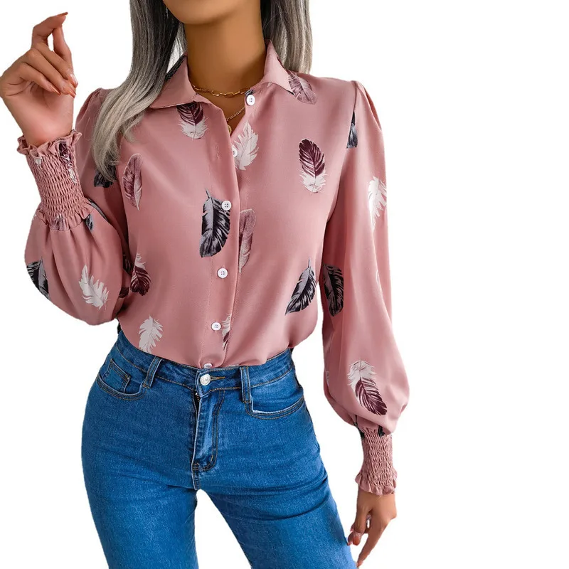 Women Spring Summer Temperament Feather Lantern Sleeve Lapel Shirt Casual Holiday Comfort Top Fashion Basics Commuter Women Wear