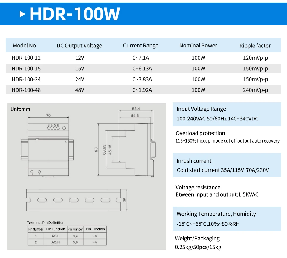 OMCH HDR-Serie DIN-Schienen-Schaltnetzteil HDR-15 100–240 VAC 15 W 30 W 60 W 100 W AC-zu-DC-Spannung 5 V 12 V 24 V 48 V 0–7,1 A SMPS – Detail 15