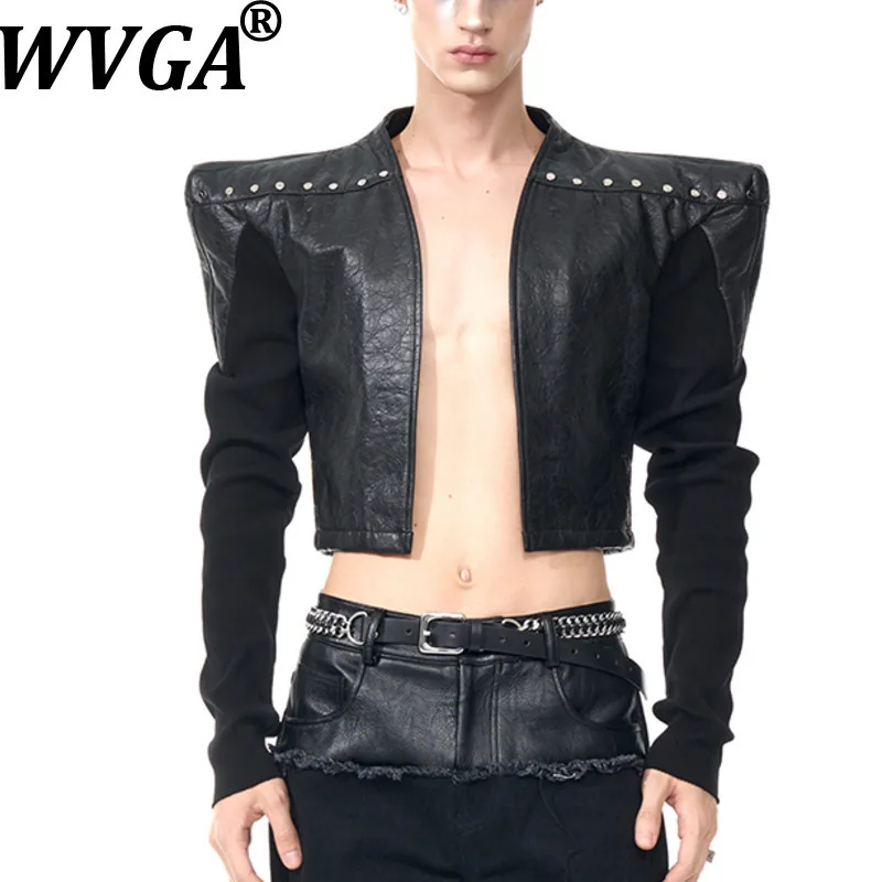 

WVGA Spring Autumn New Man Dark Style Knitted Patchwork Leather Jacket Niche Chic Casual Collarless Irregular Short Coats W13110