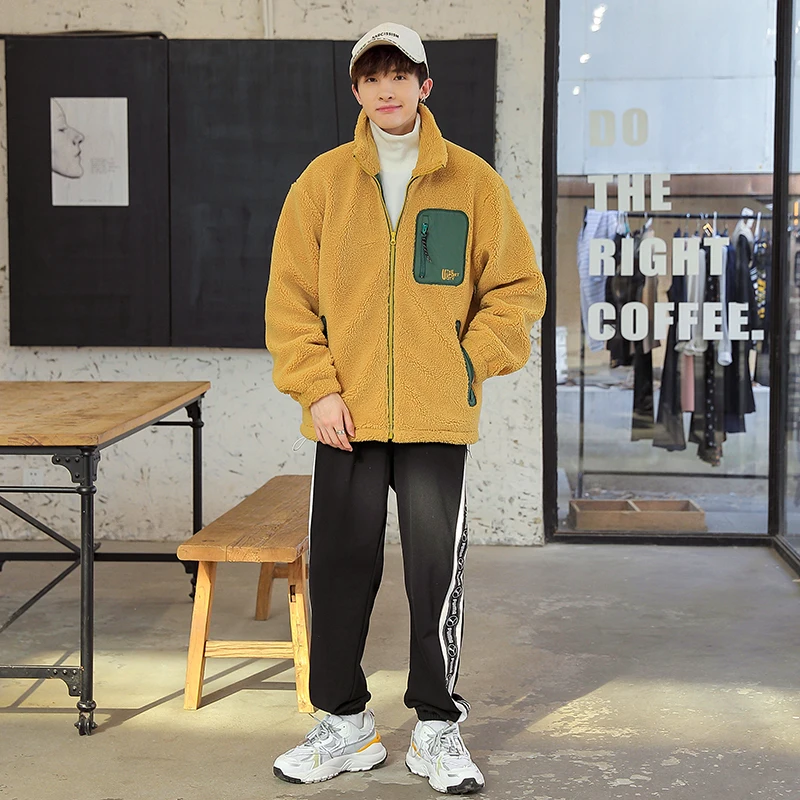 

Мужская зимняя хлопковая куртка для активного отдыха с подкладкой из овечьего меха, повседневная, свободного кроя, из полиэфирного волокна, молодежная, модная, с воротником-стойкой
