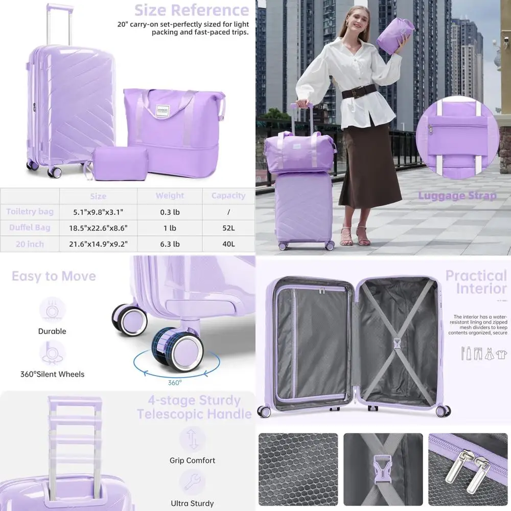 20 Inch Lavender Expandable Hardshell Spinner Luggage Set for Women, Airline Approved Carry-On Suitcase