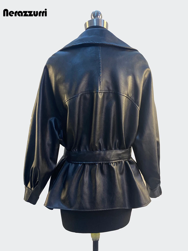 Nerazzurri-Veste courte en cuir PU pour femme, vêtements décontractés, ceintures élégantes, chic, luxe, noir, léger, printemps, automne, 2024