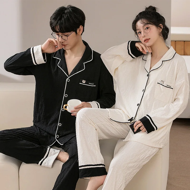 Korean Fashion Homewear Men\'s Cotton Pajamas Set Women Nightwear Home Clothes Male Sleeping Tops Pant pyjama for Couples