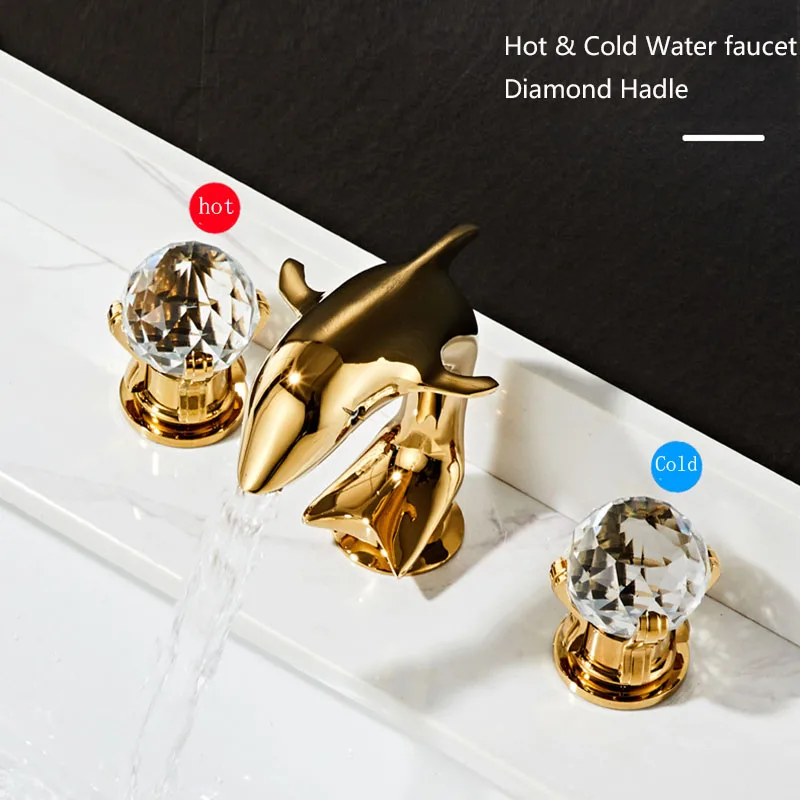 ZAPPO Dolphin Shaped Bathroom Faucet Daimond Handles Gold Waterfall Basin Sink Faucet Mixer Bathtub Hot and Cold Water Tap Mixer