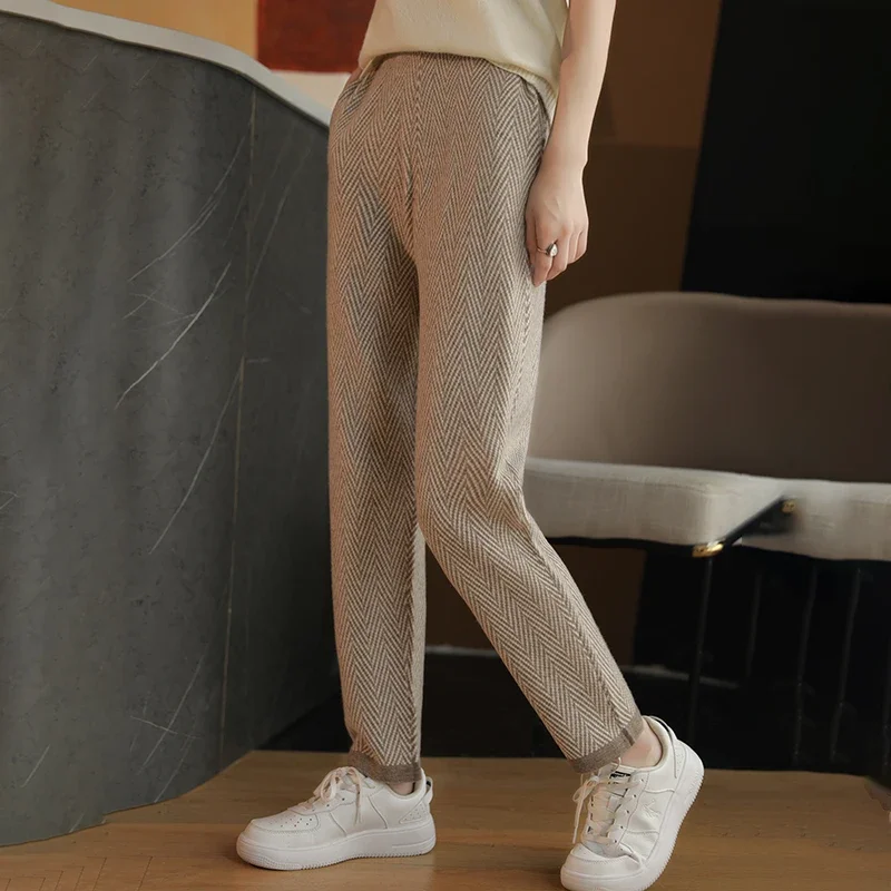 Dames visgraat wijde pijpen broek Koreaanse losse rechte wollen draperen dikke kasjmier casual broek voor herfst en winter