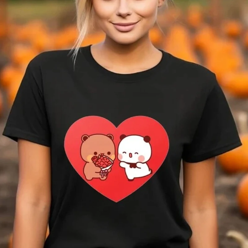 Cute Couple Love Bubu and Dudu Panda Bears Kawaii Shirt Crewneck casual style  All-match printed T-shirt tops Adult Short-sleev
