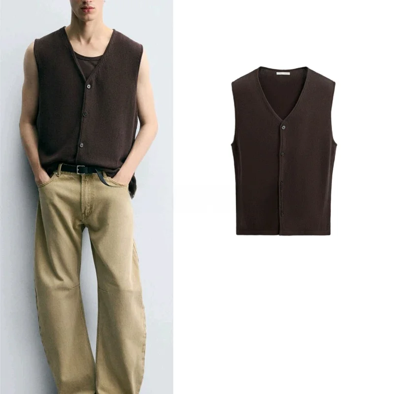

New Autumn Men's Casual Loose Knitted Vest No Sve V-Ne T-irt Youth Faion Summer Wear Comfortable Breathable Cotton