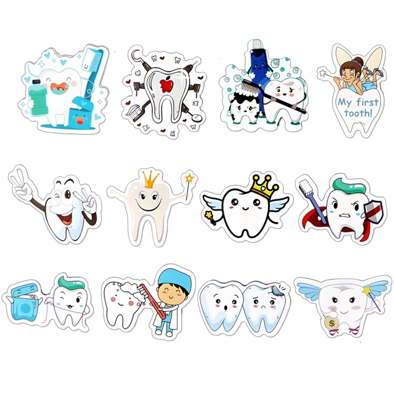 50/100pcs Cartoon Tooth Shape Stickers Tooth Fairy Paper Sticker Dentist Gift for Kid Children Graffiti Decal Sticker