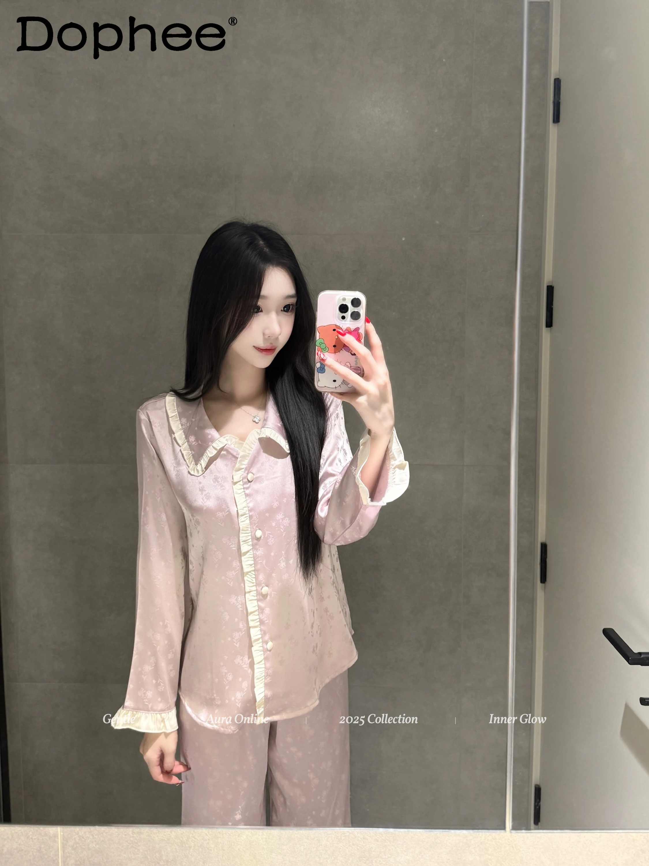 

Japanese Original Elegant Lady Ice Silk Satin Pajamas Slim Long Sleeves Doll Collar Lace Casual Comfortable Loungewear Set