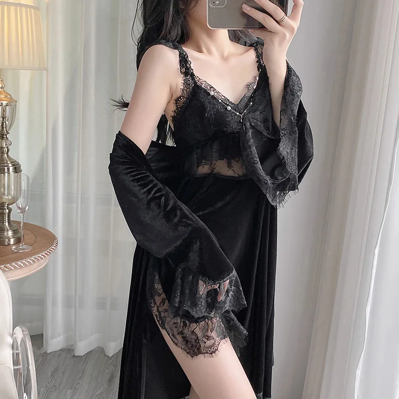 Black Lace Robe Suit Women 2PC Velour Bathrobe Gown Nightgown Set Nightdress Lingerie Autumn Velvet Kimono Sleepwear Loungewear