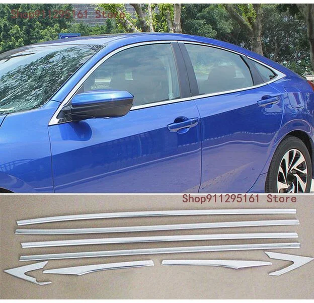 8PCS FIT FOR HONDA CIVIC 2016 2017 LHD CHROME BUTTOM WINDOW SILL TRIM SURROUND COVER MOLDING LINING ACCENT GARNISH STAINLESS