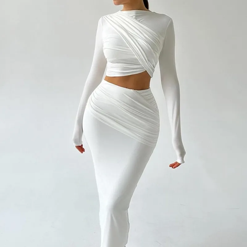 

Winter Women's Clothing Solid Color Crop Top And Midi Skirt Two Piece Set Casual Streetwear Outfits For Woman Milk Silk Spandex